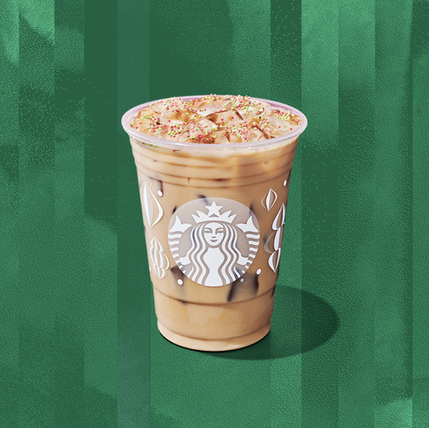 Iced Sugar Cookie Almondmilk Latte is sweetened with cookie flavored syrup.